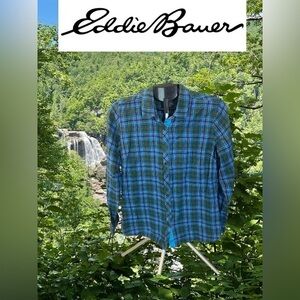 Eddie Bauer Blue, Green & Turquoise Plaid Cotton Flannel L/S Shirt - Size L